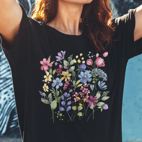 Floral shirt, feminine t-shirt with flowers, Botanical tee, colorful wildflowers shirt, flower shop tee