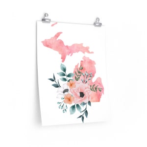 Michigan Premium Matte poster, Michigan watercolor floral poster, Michigan state wall art print, Michigan home state poster