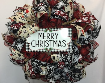 Red and Black Buffalo Check Merry Christmas Wreath