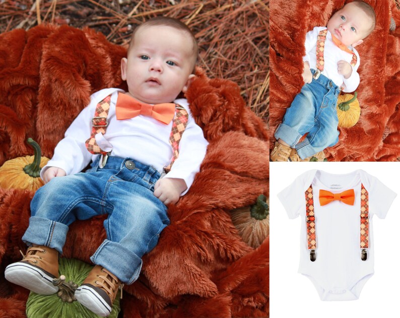 Thanksgiving Outfits For Baby Boys Argyle Suspenders Orange Etsy