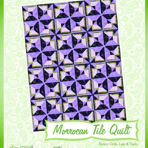 May include: A quilt pattern design called "Moroccan Tile Quilt" with a purple, white, and black color scheme. The pattern is made up of squares with a geometric design. The quilt is available in crib, lap, and twin sizes. The image also includes the text "Fun & Done! Quilting" and "Fairy Lake Quilt Designs".