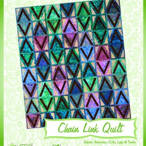May include: A quilt pattern design called "Chain Link Quilt" with a colorful geometric pattern of blue, green, purple, and brown triangles. The quilt pattern is from Fairy Lake Quilt Designs, home of "Fun & Done! Quilting".