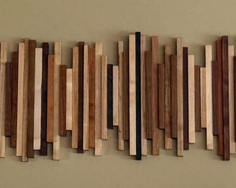 Staggered Wood Wall Artwork, Slat Panel Art, Home Decor, Mid-Century Artwork,  3D