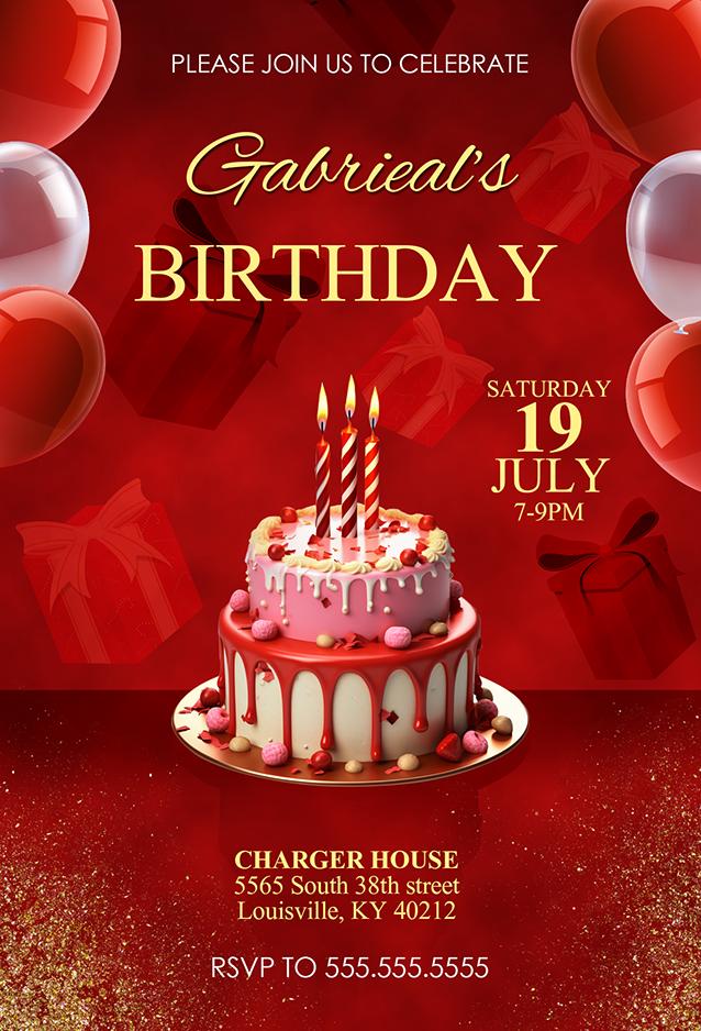 Red Birthday Invitation, Printable Invitation, Red and Gold, Female ...