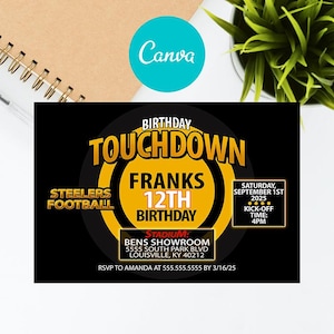 Pittsburgh-steelers, pittsburghsteelers, steeler football invitation, Editable,  Digital Template Canva Download