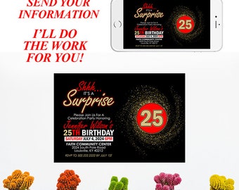 surprise birthday invitation, female birthday invite, Adult Birthday party invitation, Black red and gold invite.