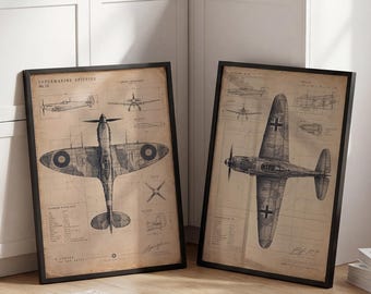 Spitfire and BF109 Illustration Set Vintage Aircraft Engineering Wall Art