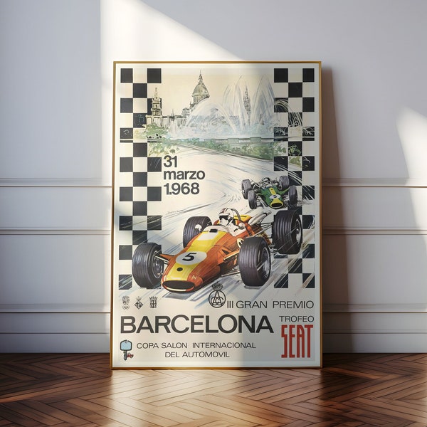 Vintage - Cartel del Gran Premio de Barcelona, 1968 - Fórmula 1 / Decoración de pared / Arte de carreras / Deportes / Regalo de deportes de motor / Fanático de las carreras