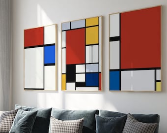 Piet Mondrian Art Bundle, Set of 3 | Compositions in White, Black, Red & Blue, Still Artwork, Abstract Home Decor, Digital Print, gift
