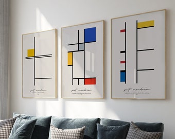 Piet Mondrian Art Bundle, Set of 3 | Compositions in White, Black, Red & Blue, Artwork, Abstract Home Decor, Digital Print, gift