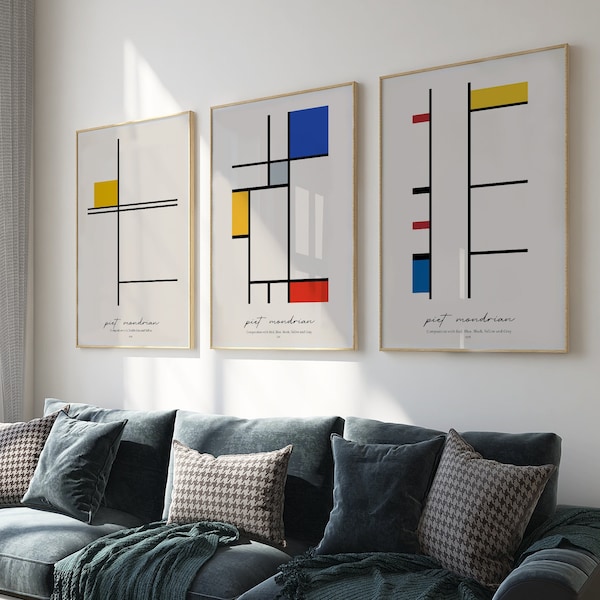Piet Mondrian Art Bundle, Set of 3 | Compositions in White, Black, Red & Blue, Artwork, Abstract Home Decor, Digital Print, gift