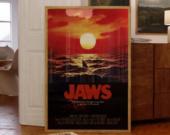 Vintage Jaws 1975 Movie Poster - Jaws Wall Art, Retro Movie Poster,  American horror thriller film