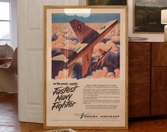Vintage Cold War Era Vought F8U-1 Crusader Fighter Jet Poster, Cold War, Aviation Ad, Wall Art, Air Force, Fighter Pilot, Military Aviation