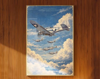 SBD Dauntless Illustrated Poster Five Navy Aircraft Above Pacific Clouds