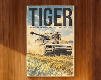 Tiger I Tank Illustrated Poster Vintage Armored Vehicle in Dusty Field