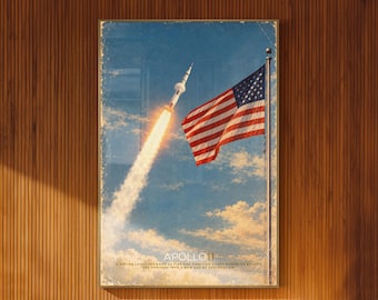 Apollo 11 Illustrated Poster Saturn V Rocket Launch with American Flag