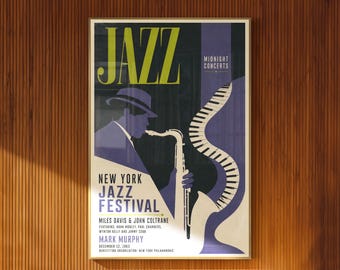 Plakat jazzowy w stylu vintage, koncert nowojorski o północy, do druku, muzyka, sztuka ścienna