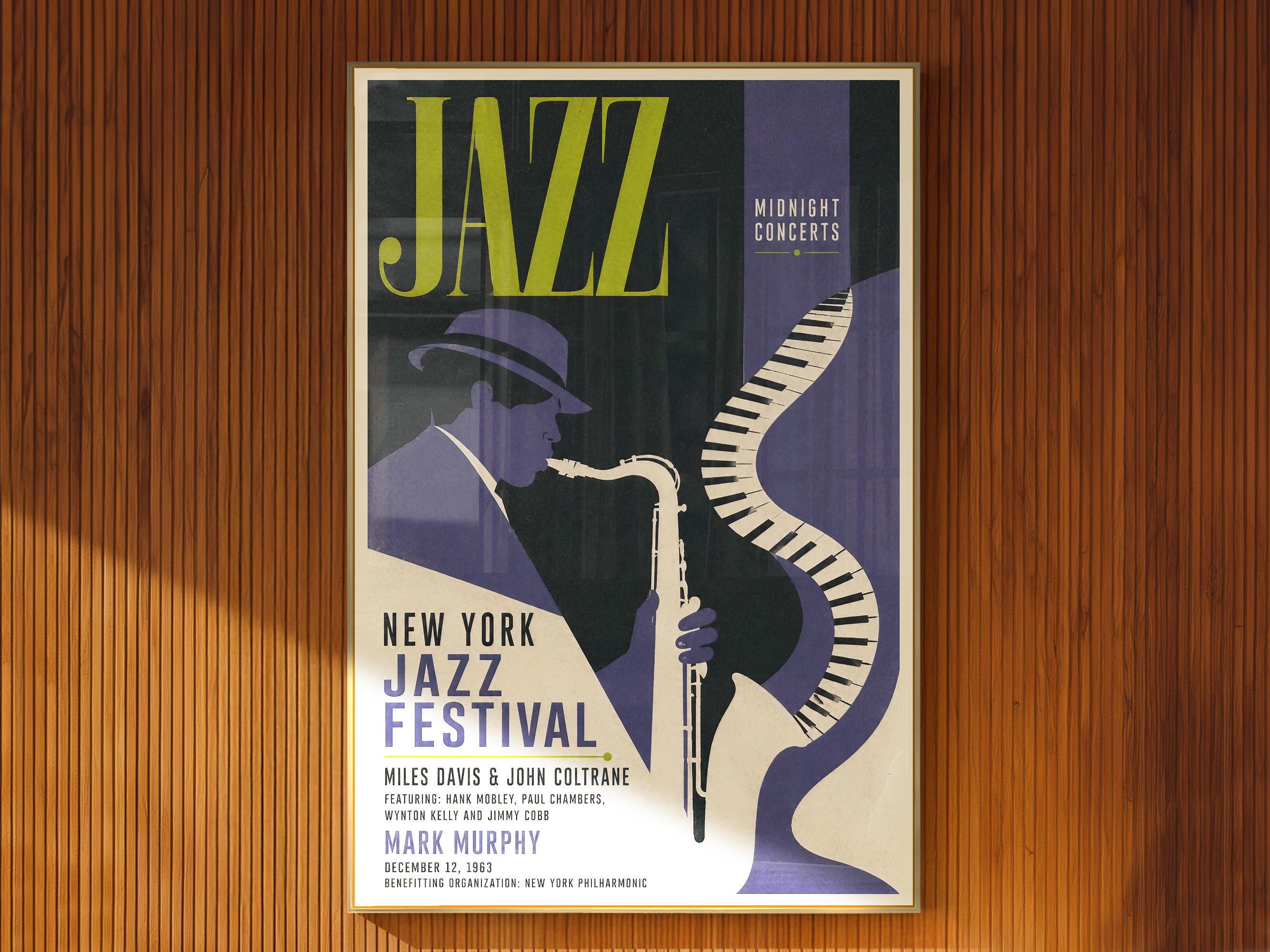 Jazz Festival Poster Retro Saxophone Art Mid Century Music Room Decor