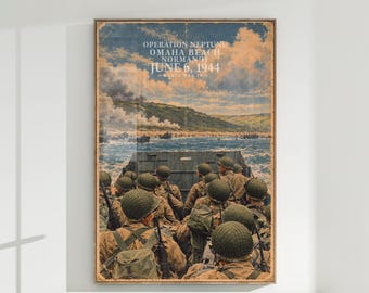 D-Day Illustrated Poster Omaha Beach Normandy June 6 1944 Landing Scene