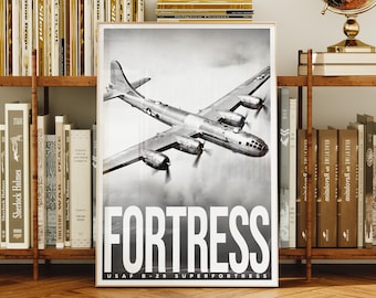 Póster del B-29 Superfortress de la Segunda Guerra Mundial, decoración de pared de un bombardero de la USAF, impresión vintage de aviación militar en blanco y negro.