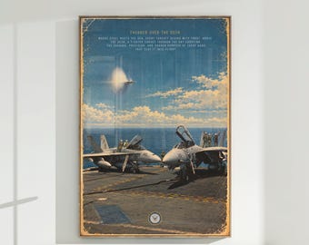 Naval Aviation Illustrated Poster Two Fighter Jets on Aircraft Carrier Deck