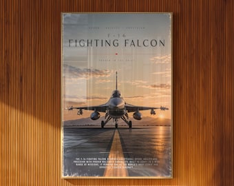 F-16 Illustrated Poster Front View Fighter Jet at Sunset Vintage Aviation Art
