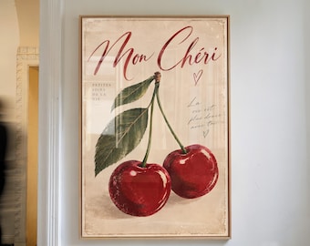 French Cherry Illustrated Poster Red Cherries on Warm Beige Vintage Kitchen Art