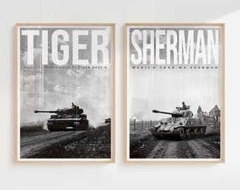 Unique Two Set Vintage WWII Tank Poster – Vintage Military Art, Tank, Panzer, Decor, Army, History Print, Gift, World War II Wall Art