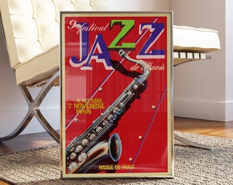 May include: A vintage poster advertising the 9th Jazz Festival de Paris, featuring a silver saxophone on a red background with white and blue diagonal lines. The poster text reads "9 Festival Jazz de Paris" and "31 Octobre 7 Novembre 1988".