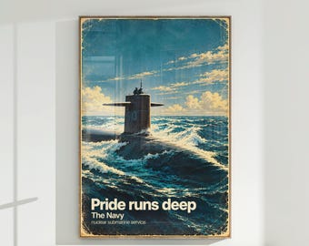 Submarine Illustrated Poster Nuclear Submarine in Rough Ocean Vintage Naval Art