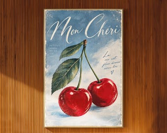 Red Cherry Poster French Wall Art Blue Vintage Illustrated Fruit Print