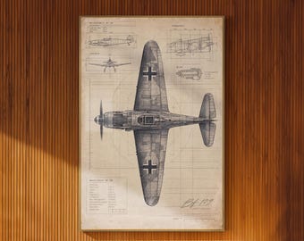 BF109 Illustrated Blueprint Poster Top View Fighter Aircraft Technical Drawing