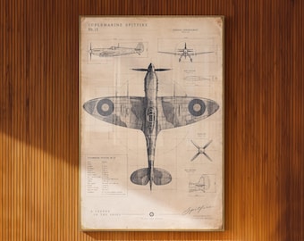 Spitfire Illustrated Poster Top View Aircraft Blueprint Vintage Aviation Wall Art