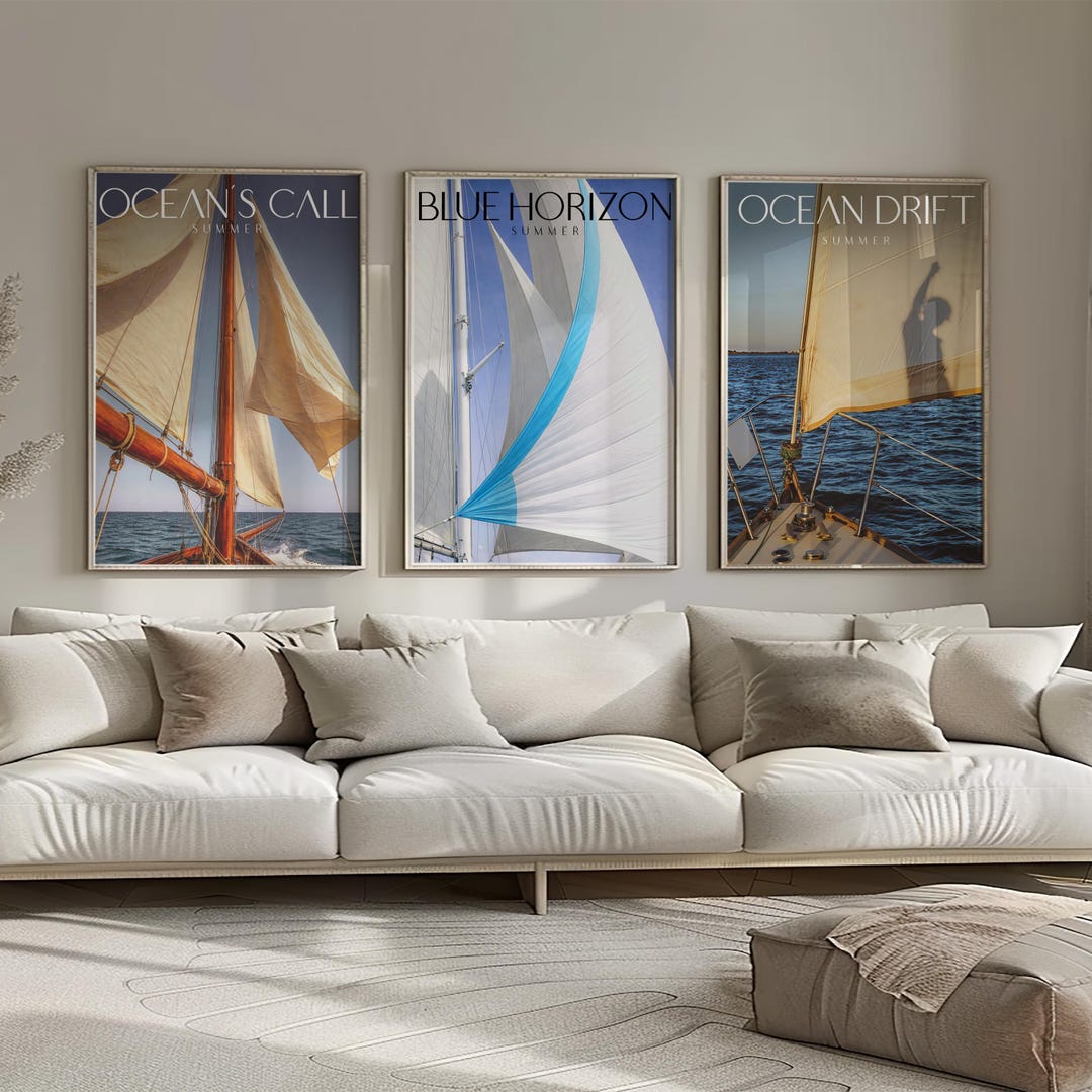 Coastal Sailboat Wall Art Set of 3 Blue Ocean Prints Nautical Home ...