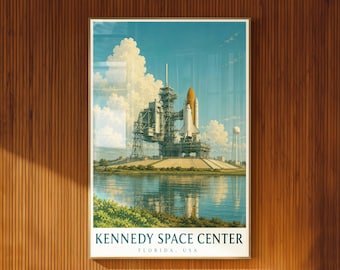 Plakat ilustrowany do Centrum Kosmicznego im. Kennedy'ego, dekoracja ścienna z okazji startu rakiety na Florydzie
