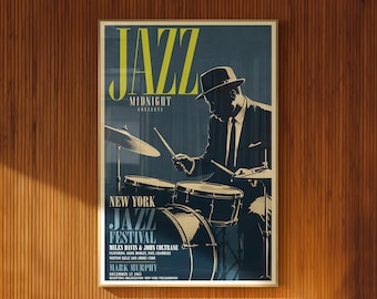 Plakat z nowojorskim perkusistą jazzowym w stylu vintage, do druku na ścianie