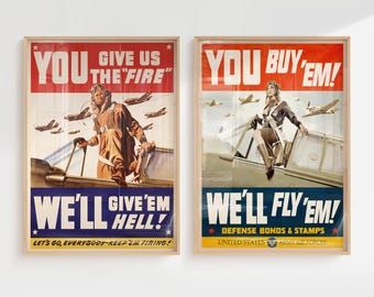 Set de pósteres de piloto de la Segunda Guerra Mundial: arte mural de propaganda bélica vintage, decoración de aviones de combate y de la Fuerza Aérea, láminas de historia militar retro (juego de 2)