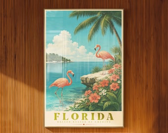 Plakat ilustrowany Florydy w stylu vintage z tropikalnym flamingiem, dekoracja ścienna na plażę