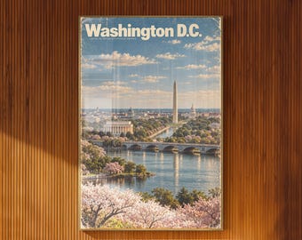 Washington DC Illustrated Poster Cherry Blossoms Monument Vintage Travel Art