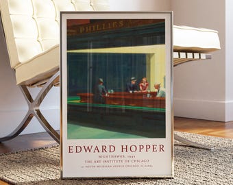 Edward Hopper, Exhibition Poster, Nighthawks, Wall Art Decor, Realism, Architecture, Scenery, Gift Idea, Minimalism, Trendy Poster