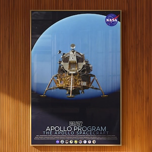 Op de afbeelding: Een ingelijste poster met de Apollo-maanlander tegen een blauwe cirkelvormige achtergrond met het NASA-logo. De tekst luidt 1961/1972 APOLLO PROGRAM THE APOLLO SPACECRAFT, gevolgd door een lijst met astronautennamen en kleine missie-emblemen.