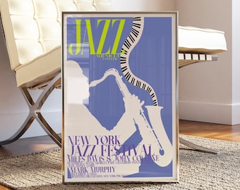 Pôster do Festival de Jazz de Nova York | Arte de parede com Miles Davis e John Coltrane | Impressão musical vintage para presente