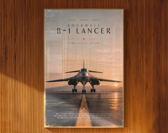 B-1 Lancer Illustrated Poster Front View Bomber on Sunset Runway Aviation Art