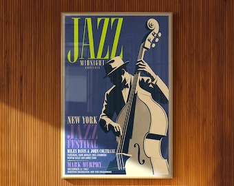 Plakat vintage jazzowy kontrabasista nowojorska muzyka ścienna