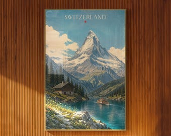 Plakat ilustrowany ze Szwajcarii, Matterhorn, Jezioro Alpejskie, Sztuka ścienna w stylu vintage