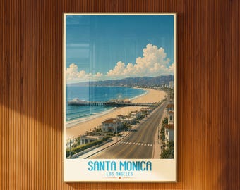 Plakat z ilustracją Santa Monica, kalifornijska plaża, sztuka ścienna, wystrój retro podróżniczy