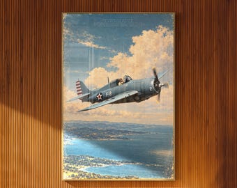 F4F Wildcat Illustrated Poster Fighter Aircraft Flying Over Pacific Coast