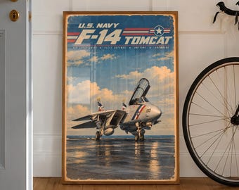F-14 Tomcat Illustrated Poster Navy Fighter Jet on Aircraft Carrier Deck