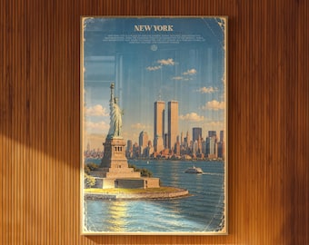 New York Illustrated Poster Statue of Liberty Twin Towers Vintage Travel Art