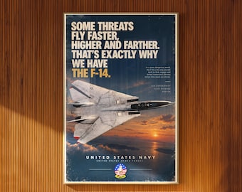 F-14 Tomcat Illustrated Poster Top View Fighter Jet Over Ocean at Sunset